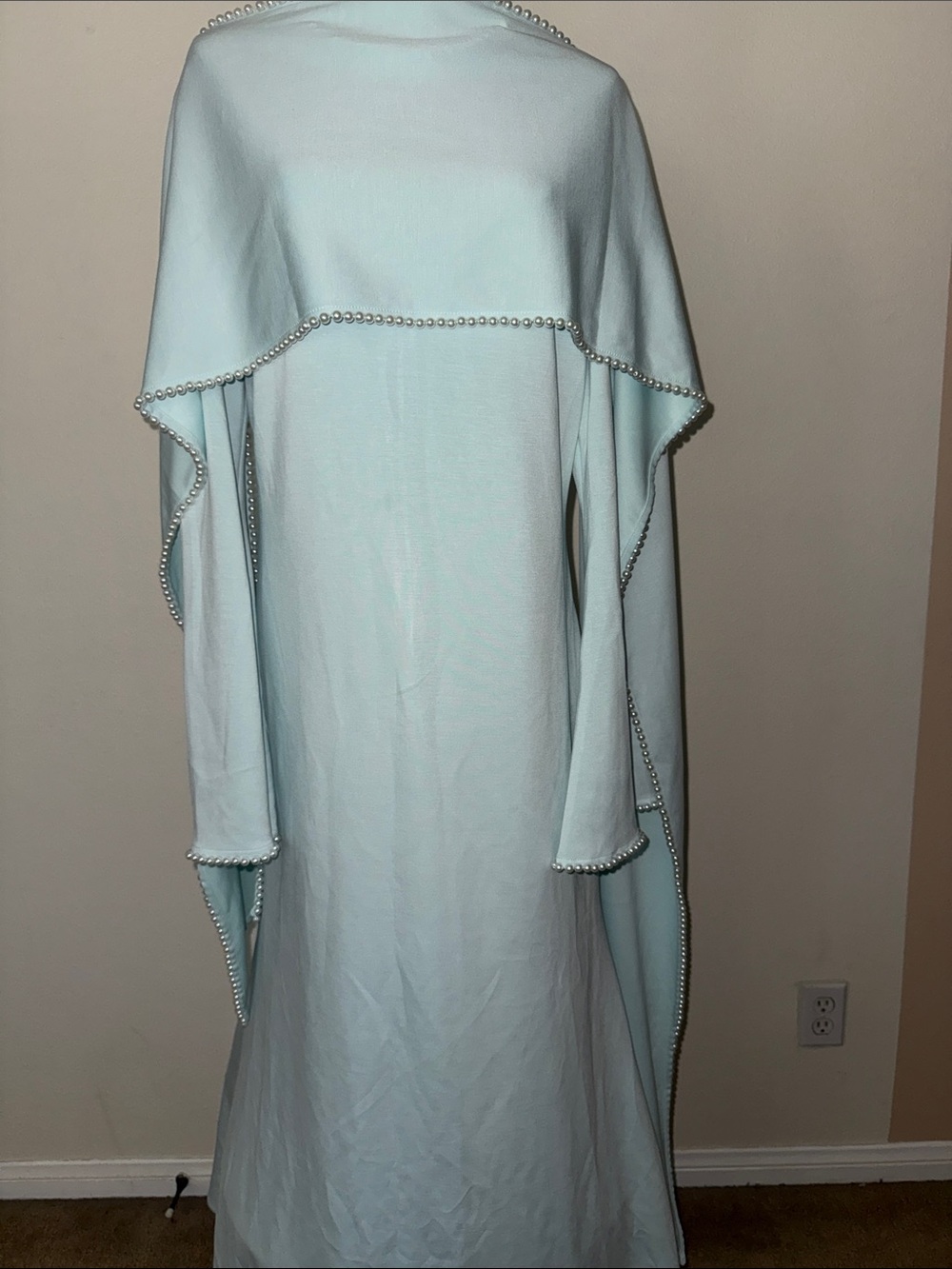 Light Blue Women's Evening Robe with Pearl-Edge Trim - Picture 7 of 9